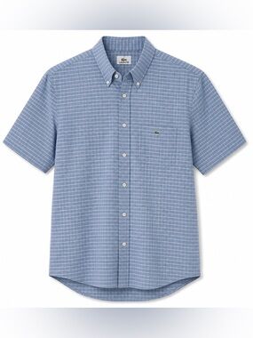 🐊 Lacoste Blue Plaid Short Sleeve Button Down Shirt - Size 44 (XL) - 100% Cotton
